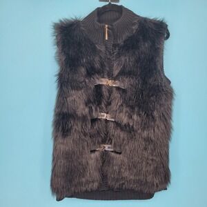 Cliche Couture Faux Fur Vest Women Large Shag Knit Wool Blend Black Buckle Front